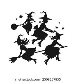 Set of black silhouettes of witches flying on a broomstick. Collection of silhouettes for Halloween. Mystical illustration. outline of a witch