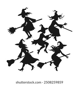 Set of black silhouettes of witches flying on a broomstick. Collection of silhouettes for Halloween. Mystical illustration. outline of a witch