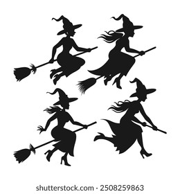 Set of black silhouettes of witches flying on a broomstick. Collection of silhouettes for Halloween. Mystical illustration. outline of a witch