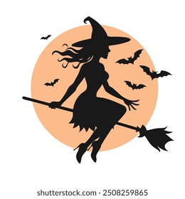 Set of black silhouettes of witches flying on a broomstick. Collection of silhouettes for Halloween. Mystical illustration. outline of a witch