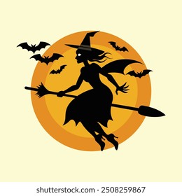 Set of black silhouettes of witches flying on a broomstick. Collection of silhouettes for Halloween. Mystical illustration. outline of a witch