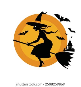 Set of black silhouettes of witches flying on a broomstick. Collection of silhouettes for Halloween. Mystical illustration. outline of a witch