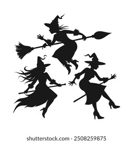 Set of black silhouettes of witches flying on a broomstick. Collection of silhouettes for Halloween. Mystical illustration. outline of a witch