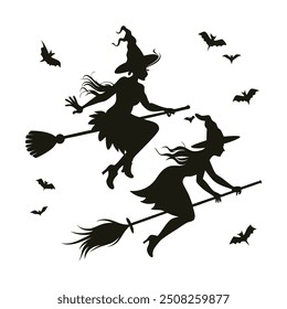 Set of black silhouettes of witches flying on a broomstick. Collection of silhouettes for Halloween. Mystical illustration. outline of a witch