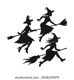 Set of black silhouettes of witches flying on a broomstick. Collection of silhouettes for Halloween. Mystical illustration. outline of a witch