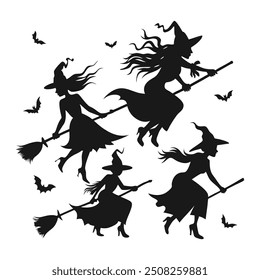 Set of black silhouettes of witches flying on a broomstick. Collection of silhouettes for Halloween. Mystical illustration. outline of a witch