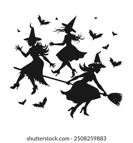 Set of black silhouettes of witches flying on a broomstick. Collection of silhouettes for Halloween. Mystical illustration. outline of a witch