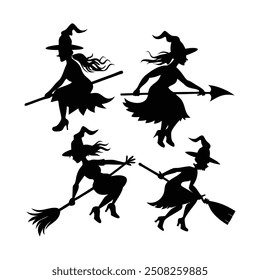 Set of black silhouettes of witches flying on a broomstick. Collection of silhouettes for Halloween. Mystical illustration. outline of a witch