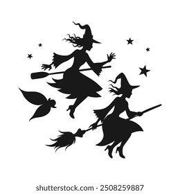 Set of black silhouettes of witches flying on a broomstick. Collection of silhouettes for Halloween. Mystical illustration. outline of a witch