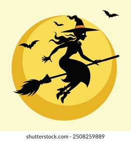 Set of black silhouettes of witches flying on a broomstick. Collection of silhouettes for Halloween. Mystical illustration. outline of a witch