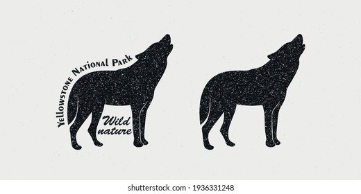 Set of black silhouettes of a wolf, text with texture on a gray background. Vector illustration in vintage style with grunge texture for emblem, label, print, poster. Wildlife symbol.