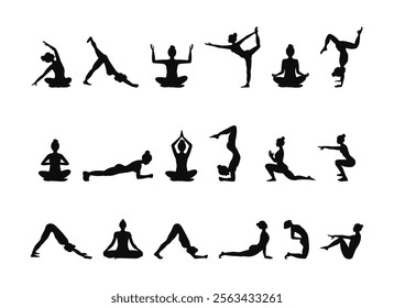 Set of black silhouettes of woman in different yoga poses. Set of exercises for flexibility and stretching. Women practice meditation and stretching. Yoga complex. Healthy lifestyle concept. Vector