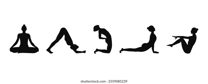 Set of black silhouettes of woman doing yoga poses, isolated on white background. Women practice meditation and stretching. Yoga complex. Healthy lifestyle concept. Vector illustration