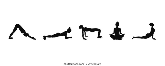 Set of black silhouettes of woman doing yoga poses and fitness exercises. Slim sportive women practice meditation and stretching. Asana Yoga complex. Healthy lifestyle concept. Vector illustration