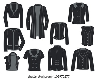 A set of black silhouettes of women's jackets