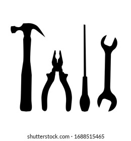 Set of black silhouettes of work tools isolated on white background. Pliers, screwdriver, hammer and wrench. Vector object for logos, icons and your design.