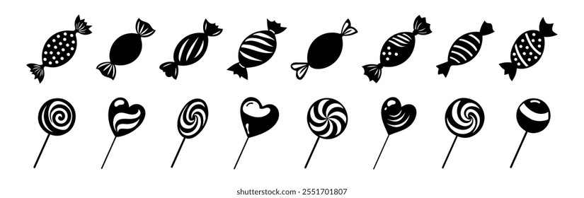 Set of black Silhouettes of Wrapped Candies and Lollipops Isolated on a White Background. Concept of Sweet Treats, Confectionery Illustrations, Minimalist Candy Designs, Fun Sweets Icons.