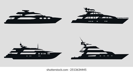 Set of black silhouettes of yachts. Vector on gray background