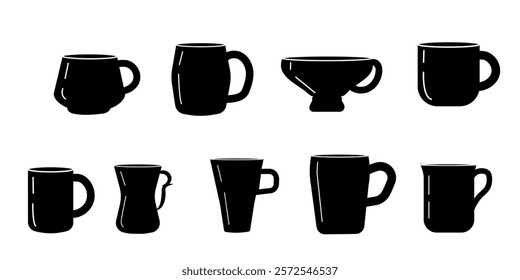 Set of black silouette tea cups with different forms isolated.