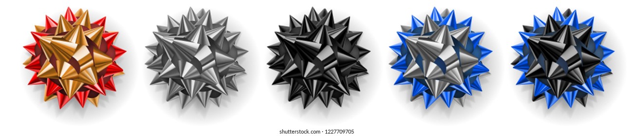 Set of black, silver and bicolour bows made of shiny ribbon with shadows on white background