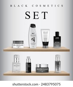 A set of black and silver cosmetic products is displayed on two wooden shelves against a white background. The products include shampoo, face cream, lotion, serum, and perfume.