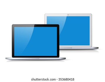 Set of black and silver flat laptop with blue screen