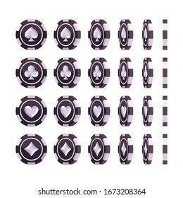 Set of black and silver poker chips at different angles. Casino flat illustration