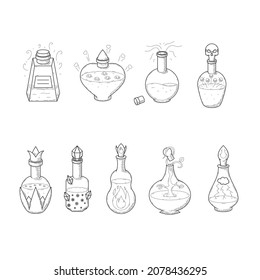 Set Black Simple Collection Line Glass Flask Doodle Outline Potion Drink Elixir Liquid With Splash Element Vector Design Style Sketch Isolated Illustration Magic Witchcraft