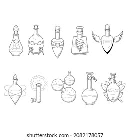 Set Black Simple Collection Line Glass Flask Doodle Outline Potion Drink Elixir Liquid With Splash Element Vector Design Style Sketch Isolated Illustration Magic Witchcraft