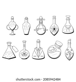 Set Black Simple Collection Line Glass Flask Doodle Outline Potion Drink Elixir Liquid With Splash Element Vector Design Style Sketch Isolated Illustration Magic Witchcraft