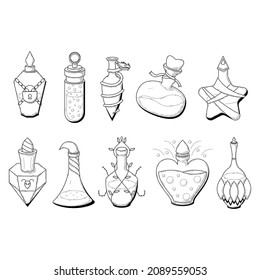 Set Black Simple Collection Line Glass Flask Doodle Outline Potion Drink Elixir Liquid With Splash Element Vector Design Style Sketch Isolated Illustration Magic Witchcraft