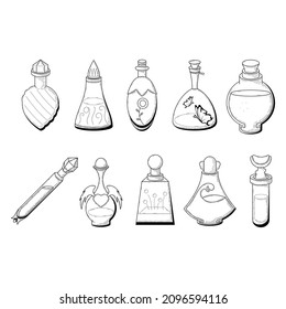 Set Black Simple Collection Line Glass Flask Doodle Outline Potion Drink Elixir Liquid With Splash Element Vector Design Style Sketch Isolated Illustration Magic Witchcraft