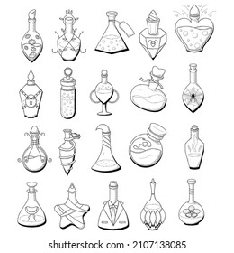 Set Black Simple Collection Line Glass Flask Doodle Outline Potion Drink Elixir Liquid With Splash Element Vector Design Style Sketch Isolated Illustration Magic Witchcraft