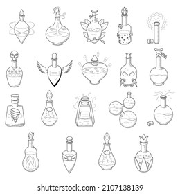 Set Black Simple Collection Line Glass Flask Doodle Outline Potion Drink Elixir Liquid With Splash Element Vector Design Style Sketch Isolated Illustration Magic Witchcraft