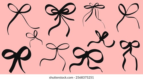 A set of black simple decorative ribbon bows for gifts, for hair decoration.

