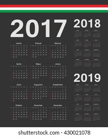 Set of black simple Hungarian 2017, 2018, 2019 year vector calendars. Week starts from Sunday.