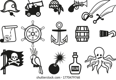 Set of black simple icons on a pirate theme on a white background