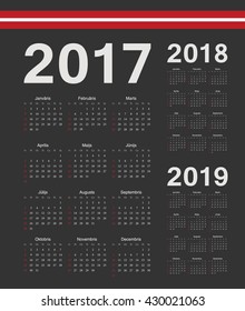 Set of black simple Latvian 2017, 2018, 2019 year vector calendars. Week starts from Sunday.