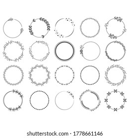 Set Black Simple Line Collection Doodle Round Floral Frame Leaves Elements Vector Design Style Sketch Isolated Illustration For Banner