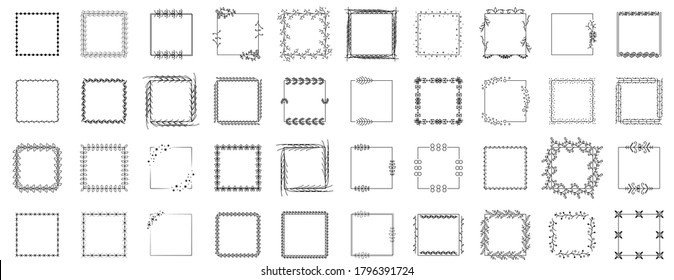 Set Black Simple Line Collection Doodle Square Floral Frame Leaves Elements Vector Design Style Sketch Isolated Illustration For Banner