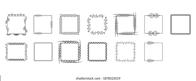 Set Black Simple Line Collection Doodle Square Floral Frame Leaves Elements Vector Design Style Sketch Isolated Illustration For Banner