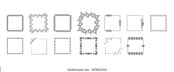 Set Black Simple Line Collection Doodle Square Floral Frame Leaves Elements Vector Design Style Sketch Isolated Illustration For Banner