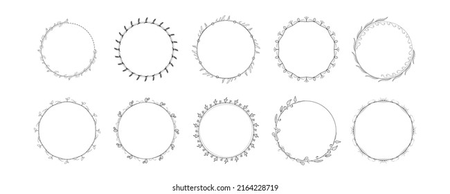 Set Black Simple Line Collection Doodle Round Floral Frame Leaves Elements Vector Design Style Sketch Isolated Illustration For Banner