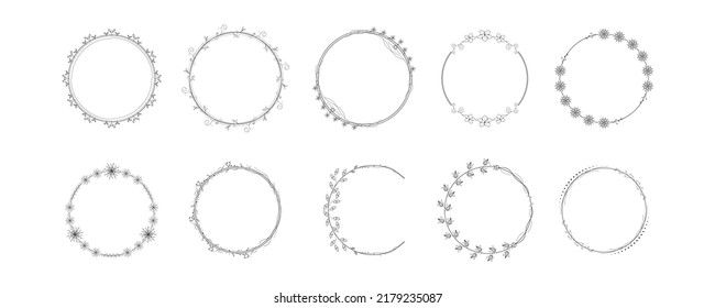 Set Black Simple Line Collection Doodle Round Floral Frame Leaves Elements Vector Design Style Sketch Isolated Illustration For Banner