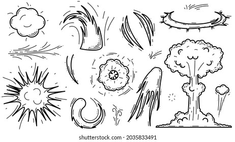 Set Black Simple Line Explosion Bang Smoke Collection Doodle Elements Vector Design Style Sketch Isolated Illustration For Banner