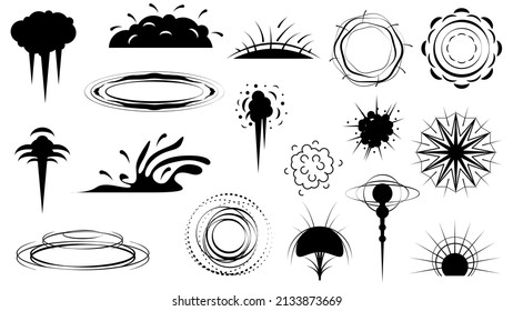 Set Black Simple Line Explosion Bang Smoke Collection Doodle Elements Vector Design Style Sketch Isolated Illustration For Banner