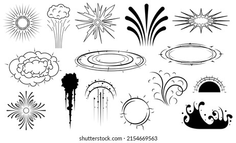 Set Black Simple Line Explosion Bang Smoke Collection Doodle Elements Vector Design Style Sketch Isolated Illustration For Banner