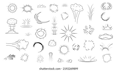 Set Black Simple Line Explosion Bang Smoke Collection Doodle Elements Vector Design Style Sketch Isolated Illustration For Banner