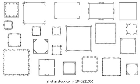 Establecer La Colección De Marco De Línea Simple Negro Doodle Square Floral Frame Elements Vector Diseño Esbozo De Estilo Isolación Isolación Ilustración Para Banner