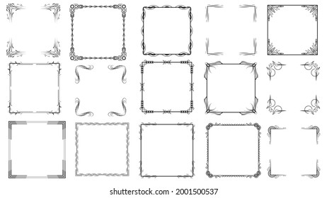 Set Black Simple Line Frame Collection Doodle Square Floral Frame Elements Vector Design Style Sketch Isolated Illustration For Banner